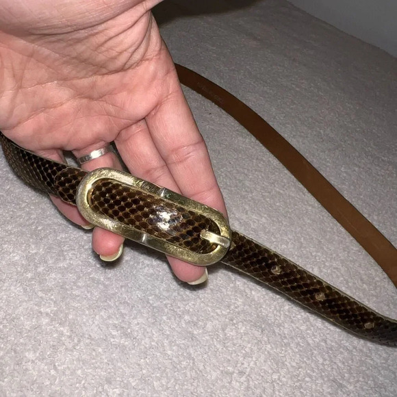 Vtg Reptile Veritable Belt Brown Snakeskin Skinny Leather Gold Plate Buckle 1/2" - Picture 7 of 12